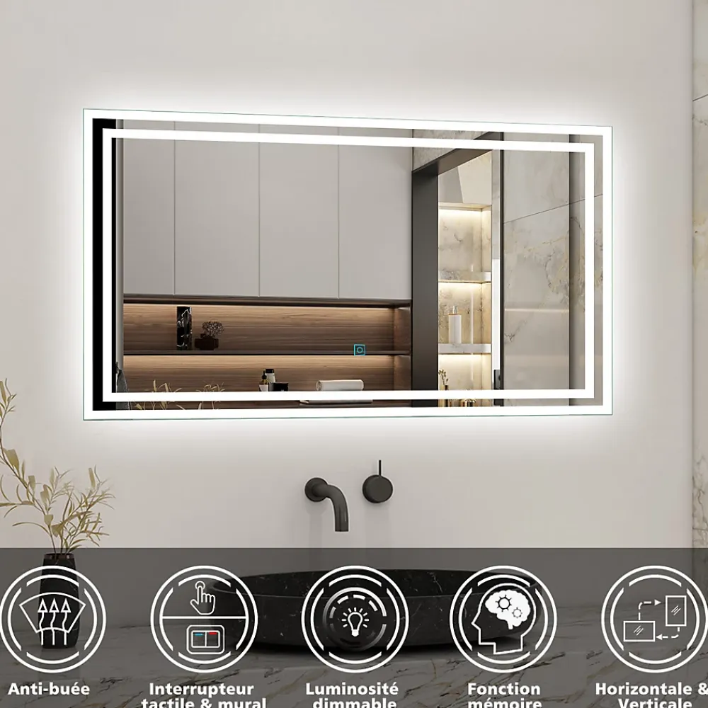 AICA Sanitaire Ensemble meuble de salle de bain 80cm, vasque céramique + colonne + LED miroir rectangulaire, chêne