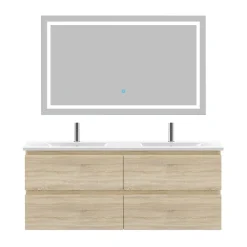 AICA Sanitaire Ensemble meuble de salle de bain 120cm, vasque céramique et LED miroir, chêne