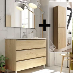 Cosyneo Ensemble meuble de salle de bain 80cm simple vasque + colonne de rangement PALMA - bambou (chêne clair)