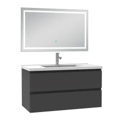 AICA Sanitaire Ensemble meuble de salle de bain avec tiroirs 100cm, vasque céramique et LED miroir, anthracite