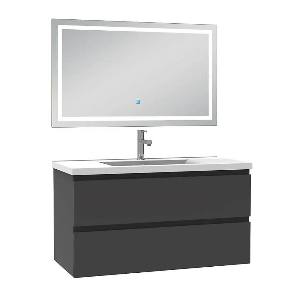 AICA Sanitaire Ensemble meuble de salle de bain avec tiroirs 100cm, vasque céramique et LED miroir, anthracite
