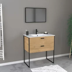 Aurlane Ensemble meuble de salle de bain 80x45cm style industriel couleur chene naturel - vasque blanche