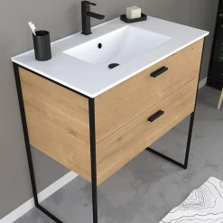 Aurlane Ensemble meuble de salle de bain 80x45cm style industriel couleur chene naturel - vasque blanche