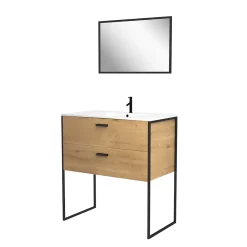 Aurlane Ensemble meuble de salle de bain 80x45cm style industriel couleur chene naturel - vasque blanche
