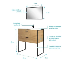 Aurlane Ensemble meuble de salle de bain 80x45cm style industriel couleur chene naturel - vasque blanche