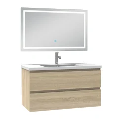 Ensemble Meuble De Salle De Bains|AICA Sanitaire Ensemble meuble de salle de bain avec tiroirs 100cm, vasque céramique et LED miroir, chêne