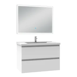 AICA Sanitaire Ensemble meuble de salle de bain 80cm, vasque céramique et LED miroir rectangulaire, blanc