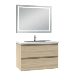 AICA Sanitaire Ensemble meuble de salle de bain avec tiroirs 80cm, vasque céramique et LED miroir, chêne