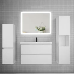 AICA Sanitaire Ensemble meuble de salle de bains 80cm, simple vasque et colonne et LED miroir rectangulaire,blanc