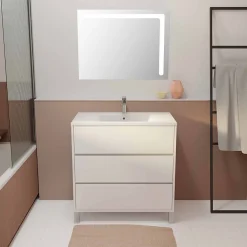 Aurlane Ensemble Meuble de salle de bain blanc 80 cm sur pied 3 tiroirs + vasque ceramique blanche + miroir