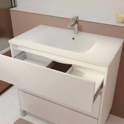 Aurlane Ensemble Meuble de salle de bain blanc 80 cm sur pied 3 tiroirs + vasque ceramique blanche + miroir