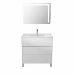 Aurlane Ensemble Meuble de salle de bain blanc 80 cm sur pied 3 tiroirs + vasque ceramique blanche + miroir