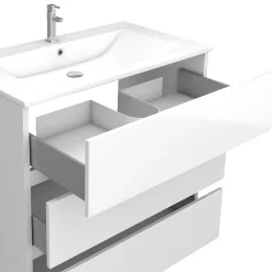 Aurlane Ensemble Meuble de salle de bain blanc 80 cm sur pied 3 tiroirs + vasque ceramique blanche + miroir