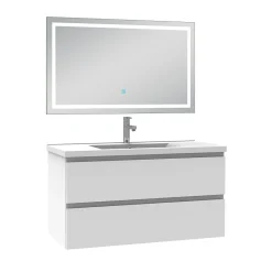 AICA Sanitaire Ensemble meuble de salle de bain avec tiroirs 100cm, vasque céramique et LED miroir, blanc
