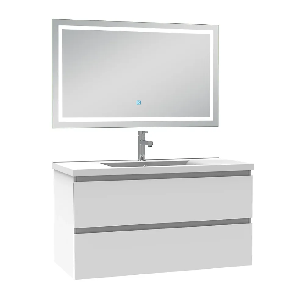 AICA Sanitaire Ensemble meuble de salle de bain avec tiroirs 100cm, vasque céramique et LED miroir, blanc