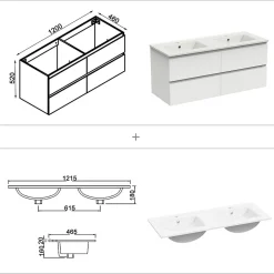 AICA Sanitaire Ensemble meuble de salle de bain 120cm, vasque céramique et LED miroir mural, blanc