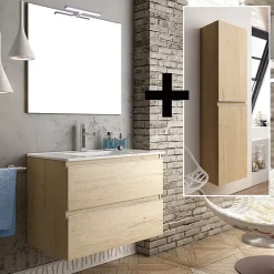 Cosyneo Ensemble meuble de salle de bain 80cm simple vasque + colonne de rangement - BALEA - bambou (chêne clair)