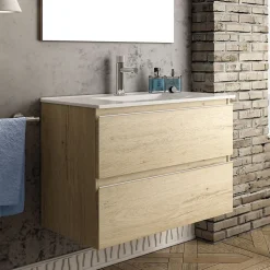 Cosyneo Ensemble meuble de salle de bain 80cm simple vasque + colonne de rangement - BALEA - bambou (chêne clair)