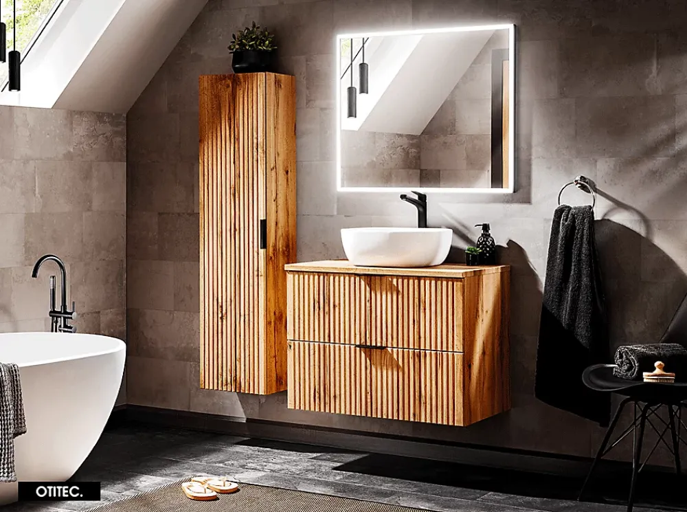 Otitec Ensemble meuble de salle de bain de 80 cm - avec plan - avec vasque - avec Miroir - LIVA OAK