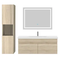 Ensemble Meuble De Salle De Bains|AICA Sanitaire Ensemble meuble de salle de bain 100cm, vasque céramique + colonne + LED miroir, chêne