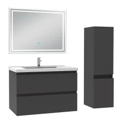 AICA Sanitaire Ensemble meuble de salle de bain 80cm, vasque céramique + colonne + LED miroir rectangulaire, anthracite