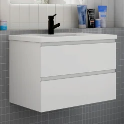 AICA Sanitaire Ensemble meuble de salle de bain et lavabo blanc (L.80cm) 2 tiroirs + meuble haut x2 + lavabo + miroir LED