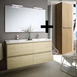 Cosyneo Ensemble meuble de salle de bain 140cm double vasque + colonne de rangement - BALEA - bambou (chêne clair)