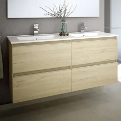 Cosyneo Ensemble meuble de salle de bain 140cm double vasque + colonne de rangement - BALEA - bambou (chêne clair)