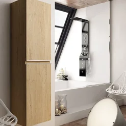 Cosyneo Ensemble meuble de salle de bain 140cm double vasque + colonne de rangement - BALEA - bambou (chêne clair)