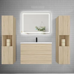 AICA Sanitaire Ensemble meuble de salle de bains 80cm, vasque + colonne + LED miroir mural,chêne