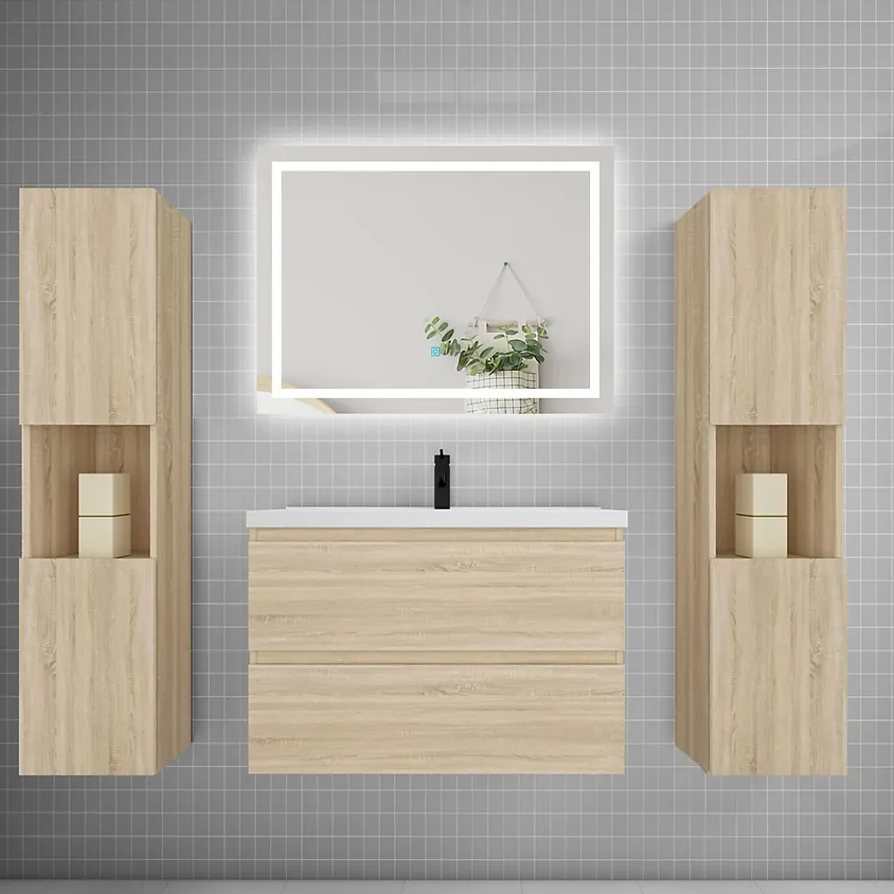 AICA Sanitaire Ensemble meuble de salle de bains 80cm, vasque + colonne + LED miroir mural,chêne