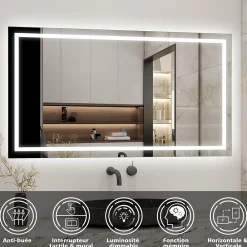 AICA Sanitaire Ensemble meuble de salle de bains 80cm, vasque + colonne + LED miroir mural,chêne