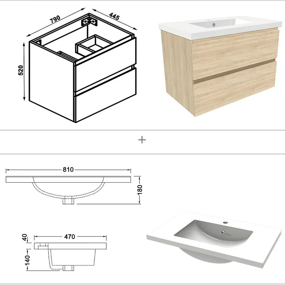 AICA Sanitaire Ensemble meuble de salle de bains 80cm, vasque + colonne + LED miroir mural,chêne