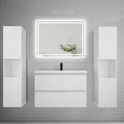 Ensemble Meuble De Salle De Bains|AICA Sanitaire Ensemble meuble de salle de bains 80cm, simple vasque + colonne + LED miroir mural,blanc