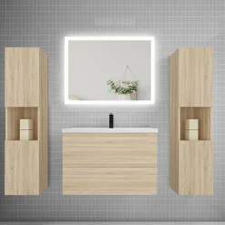 AICA Sanitaire Ensemble meuble de salle de bains 80cm, simple vasque + colonne + LED miroir rectangulaire,chêne