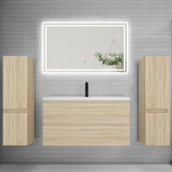 Ensemble Meuble De Salle De Bains|AICA Sanitaire Ensemble meuble de salle de bains 100cm, simple vasque + colonne + LED miroir,chêne