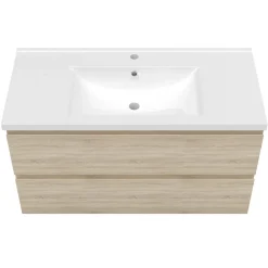 Ensemble Meuble De Salle De Bains|AICA Sanitaire Ensemble meuble de salle de bains 100cm, simple vasque + colonne + LED miroir,chêne