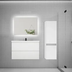 Ensemble Meuble De Salle De Bains|AICA Sanitaire Ensemble meuble de salle de bain et lavabo blanc (L.80cm) 2 tiroirs + meuble haut + lavabo + miroir LED