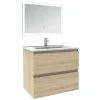 Ensemble Meuble De Salle De Bains|AICA Sanitaire Ensemble meuble de salle de bain 60cm, vasque céramique et LED miroir rectangulaire, chêne