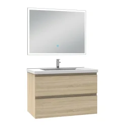 AICA Sanitaire Ensemble meuble de salle de bain 80cm, vasque céramique et LED miroir rectangulaire, chêne