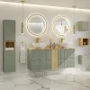 Petits-Meubles Ensemble meuble double vasque 140cm 4 tiroirs miroirs LED colonne et 3 armoires murales Jade Vert et Bois