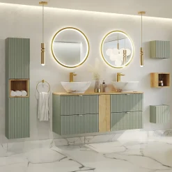 Petits-Meubles Ensemble meuble double vasque 140cm 4 tiroirs miroirs LED colonne et 3 armoires murales Jade Vert et Bois