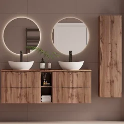 Petits-Meubles Ensemble meuble double vasque 140cm 2 niches et colonne Tao Bois