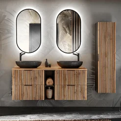 Ensemble Meuble De Salle De Bains|Petits-Meubles Ensemble meuble double vasque 140cm 2 niches miroirs LED et colonne Gaia Bois et Noir - Vasque Noir