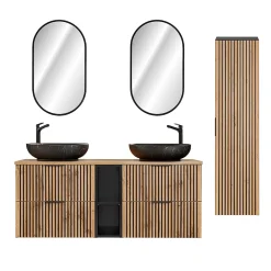 Ensemble Meuble De Salle De Bains|Petits-Meubles Ensemble meuble double vasque 140cm 2 niches miroirs LED et colonne Gaia Bois et Noir - Vasque Noir