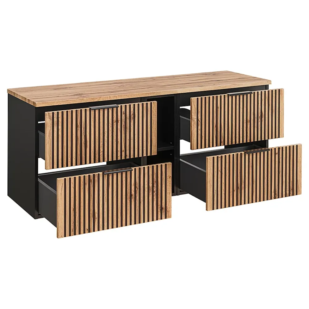 Ensemble Meuble De Salle De Bains|Petits-Meubles Ensemble meuble double vasque 140cm 2 niches miroirs LED et colonne Gaia Bois et Noir - Vasque Noir