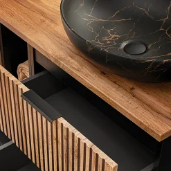 Ensemble Meuble De Salle De Bains|Petits-Meubles Ensemble meuble double vasque 140cm 2 niches miroirs LED et colonne Gaia Bois et Noir - Vasque Noir