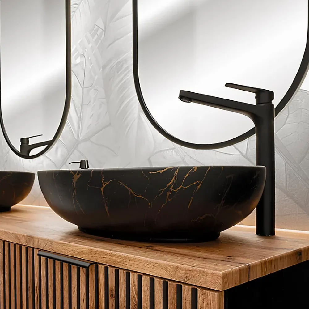 Ensemble Meuble De Salle De Bains|Petits-Meubles Ensemble meuble double vasque 140cm 2 niches miroirs LED et colonne Gaia Bois et Noir - Vasque Noir
