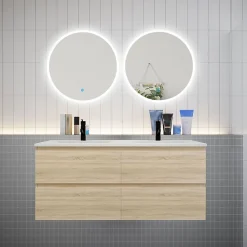 AICA Sanitaire Ensemble meuble double vasque L.120cm 4 tiroirs + lavabo + 2 LED miroirs rond 60cm,chêne