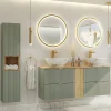 Ensemble Meuble De Salle De Bains|Petits-Meubles Ensemble meuble double vasque 140cm 4 tiroirs miroirs LED et colonne Jade Vert et Bois